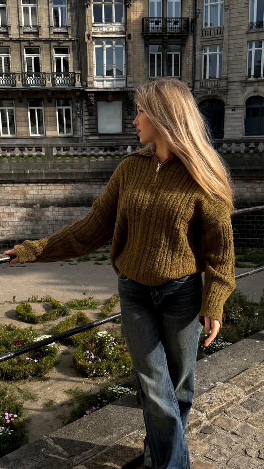 Pull à Col Zippé - vert olive